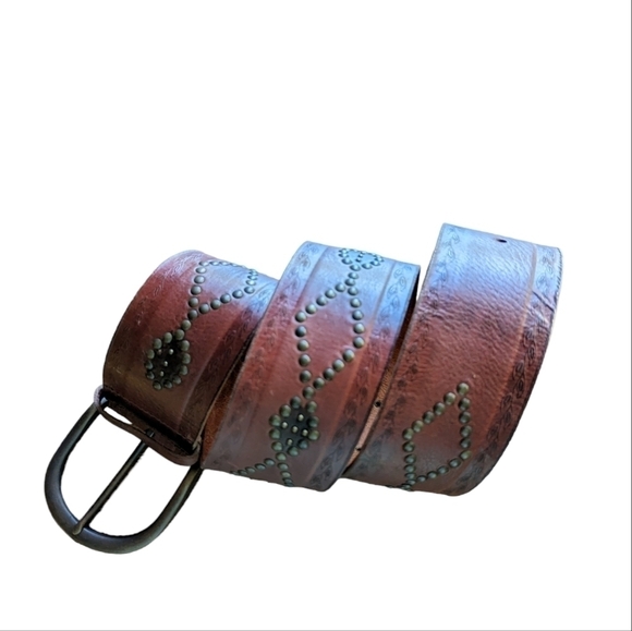 Fossil boho brown leather belt with geometric pattern sz L - Picture 1 of 7